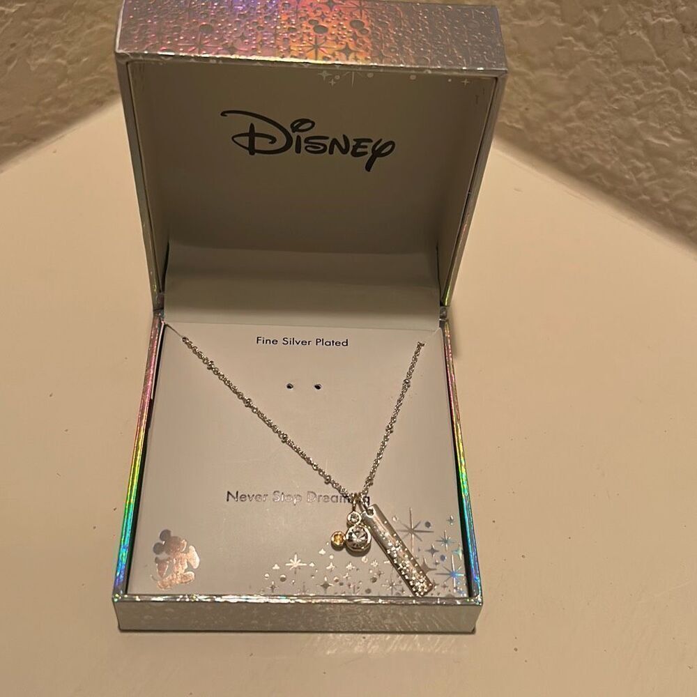 Disney Never Stop Dreaming Two Tone Clear Crystal Charm Necklace Silver Plated